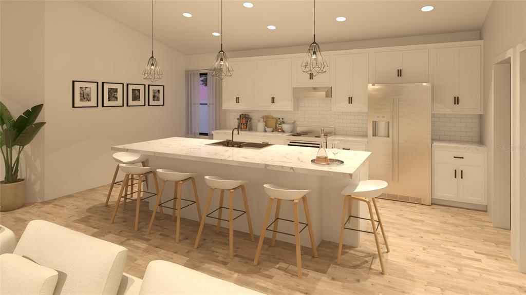 This rendering shows a modern kitchen with white cabinetry, a marble-topped island, and bar stools — 3181 LAFRANCE AVENUE SW, PALM BAY, FL