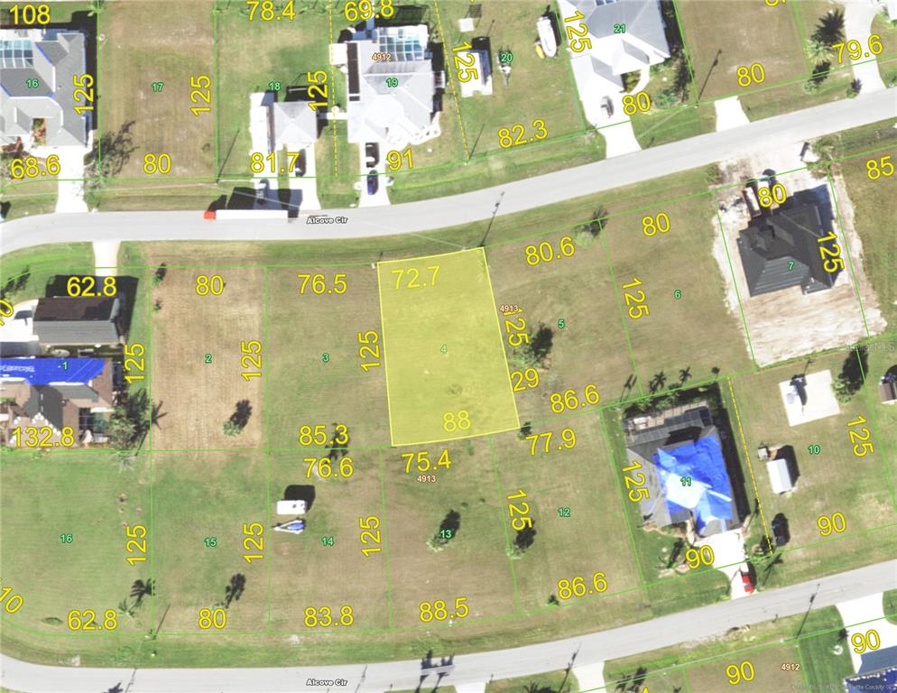 This is a property map showing lot boundaries and dimensions for a residential neighborhood — 15435 ALCOVE CIRCLE, PORT CHARLOTTE, FL