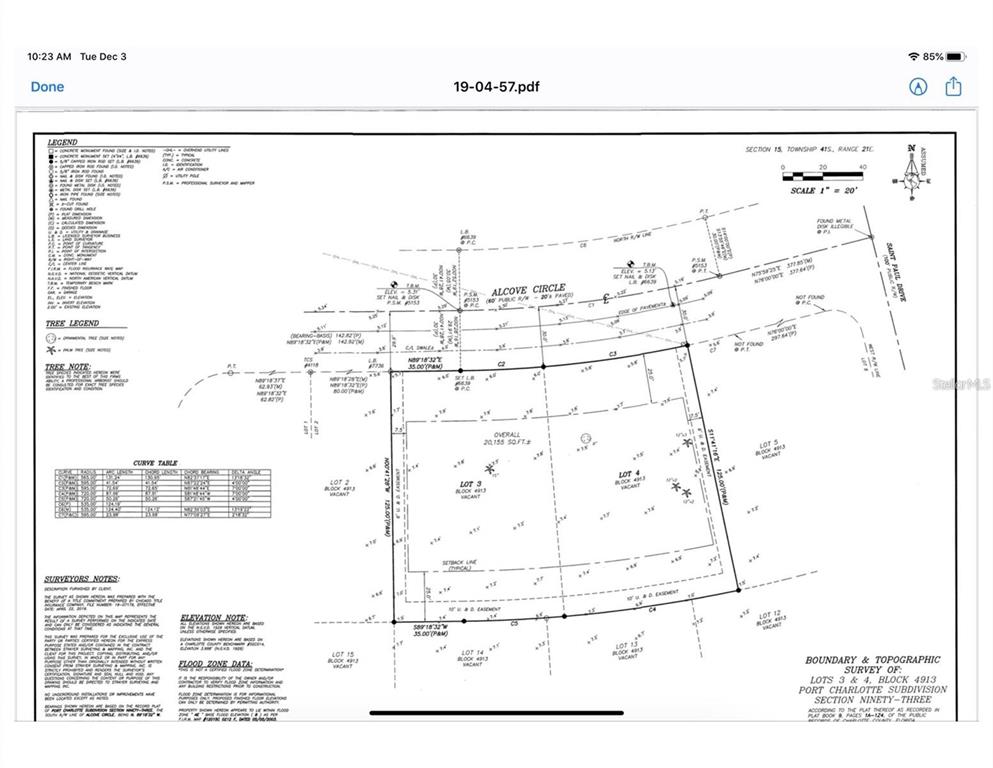 This is a boundary and topographic survey map of lots 3 and 4 — 15435 ALCOVE CIRCLE, PORT CHARLOTTE, FL