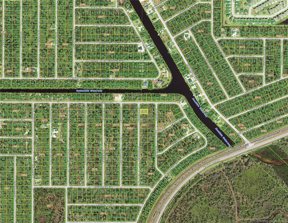 This is a map showing a residential neighborhood with streets, waterways, and individual property lots — 2280 DRENNON STREET, PORT CHARLOTTE, FL