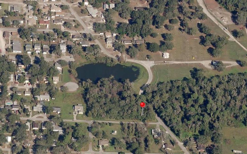 This aerial view shows a wooded lot with a red pin near a small pond — SEMINOLE LAKE BLVD & HICKMAN AVE, PLANT CITY, FL