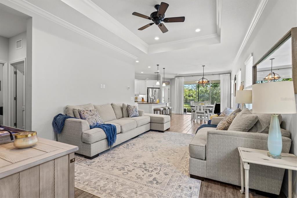 A living room with a tray ceiling, ceiling fan, and neutral furniture on a patterned rug — 4207 AZURITE WAY, BRADENTON, FL