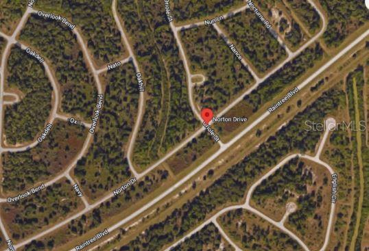 This is a satellite map view showing a residential street intersection and surrounding wooded lots — NORTON DRIVE, NORTH PORT, FL