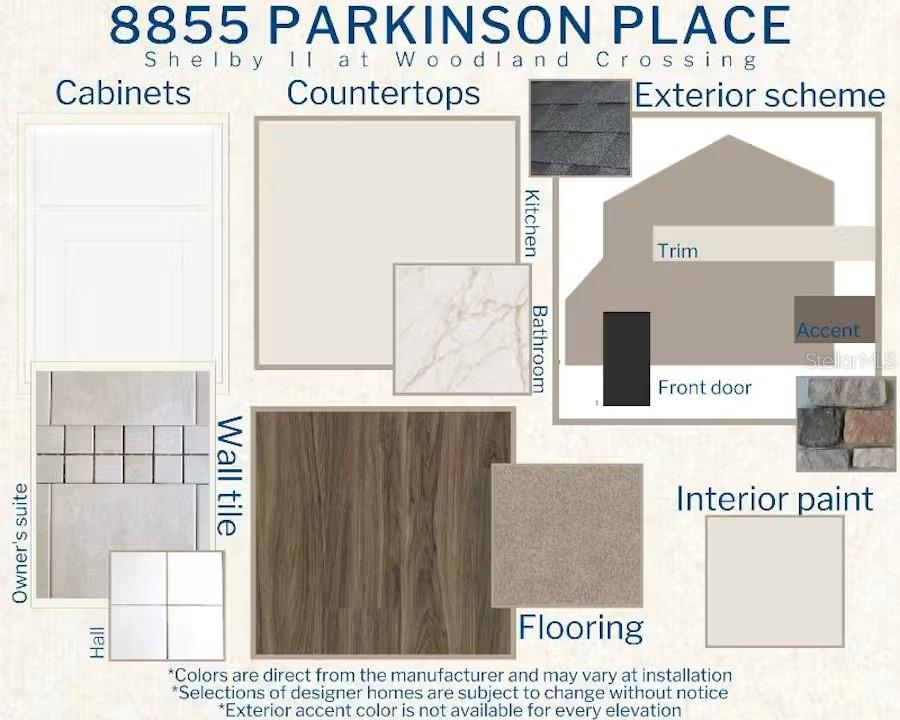 This design board displays interior and exterior finish samples for a new home construction — 8855 PARKINSON PLACE, WILDWOOD, FL