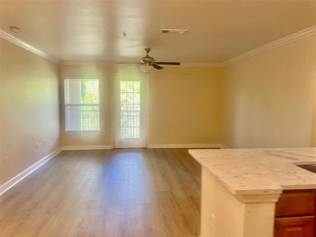 An open-concept living area features light-colored walls, wood-look flooring, a ceiling fan, and a door — 18335 BRIDLE CLUB DRIVE UNIT 18335, TAMPA, FL