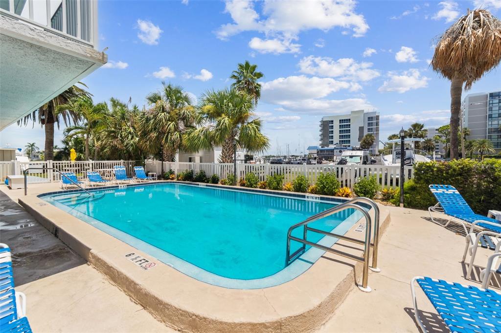 An outdoor swimming pool is surrounded by a concrete deck, lounge chairs, and palm trees — 800 BAYWAY BOULEVARD UNIT 17, CLEARWATER BEACH, FL