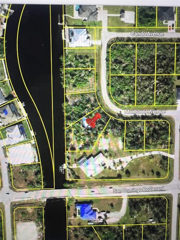 This is a satellite map view showing a residential lot marked with a red pin — 14291 MAIDSTONE AVENUE, PORT CHARLOTTE, FL
