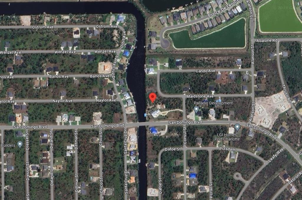 This is an aerial map showing a vacant lot marked with a red pin — 14291 MAIDSTONE AVENUE, PORT CHARLOTTE, FL