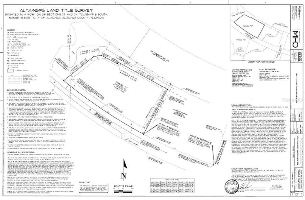 This is a land title survey map showing property boundaries and legal descriptions for a parcel — RESEARCH DRIVE, ALACHUA, FL