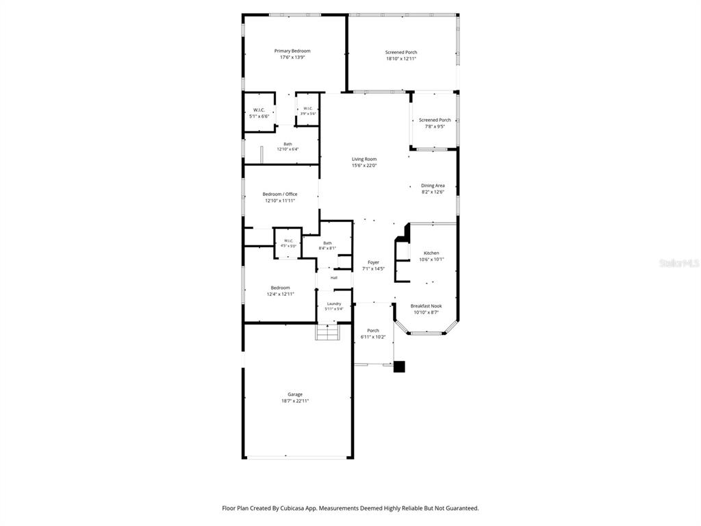This is a floor plan for a single-story house featuring a garage, porch, and screened-in areas — 7483 BRIDGEWATER LANE, SPRING HILL, FL