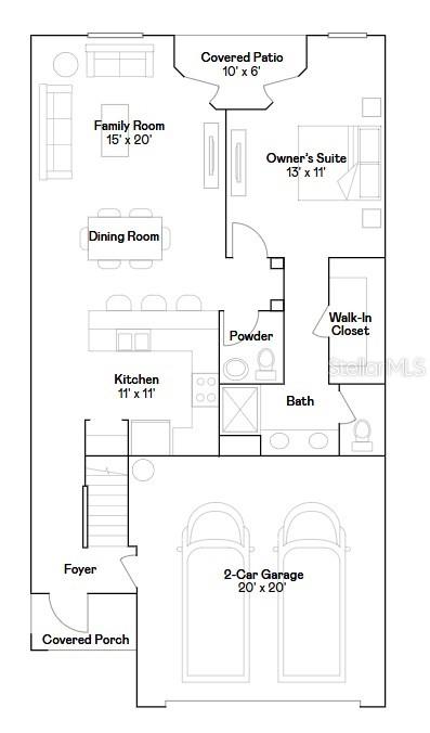 This is a floor plan of a single-story home with a two-car garage and patio — 8505 BROKEN WILLOW COURT, TAMPA, FL