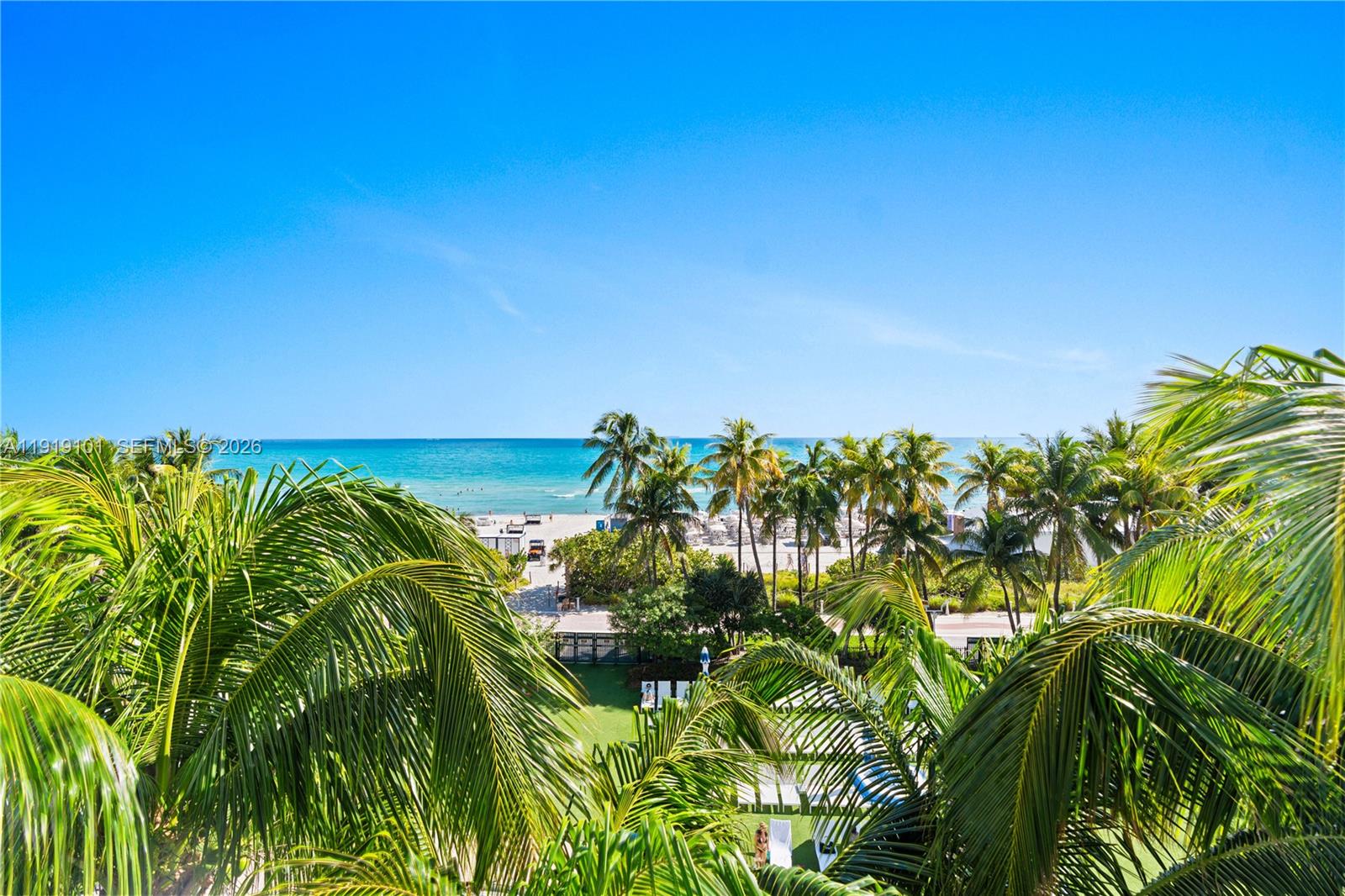 An elevated view of a sandy beach and ocean framed by lush palm trees — 4391 Collins Ave # 413, Miami Beach FL 33140, MIAMI BEACH, FL