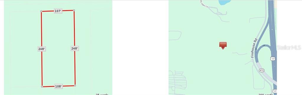 This image shows a map and a property boundary diagram with dimensions for a land lot — NO STREET, ORANGE CITY, FL