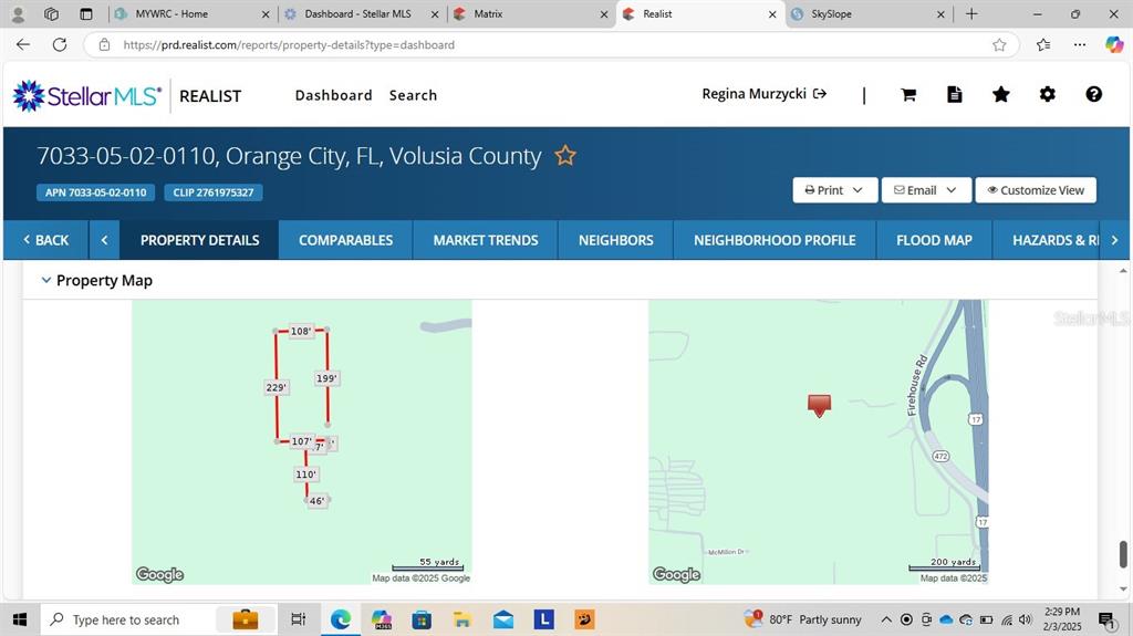 This image shows a property map with parcel dimensions and a location pin on a map — NO STREET, ORANGE CITY, FL