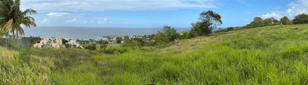 A panoramic view of a grassy hillside overlooking a coastal town and the ocean — 459 POZO DULCE, ISABELA, PR