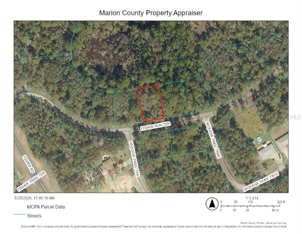 This is a property map showing a parcel of land outlined in red — TBD FISHER RUN TERRACE, OCKLAWAHA, FL