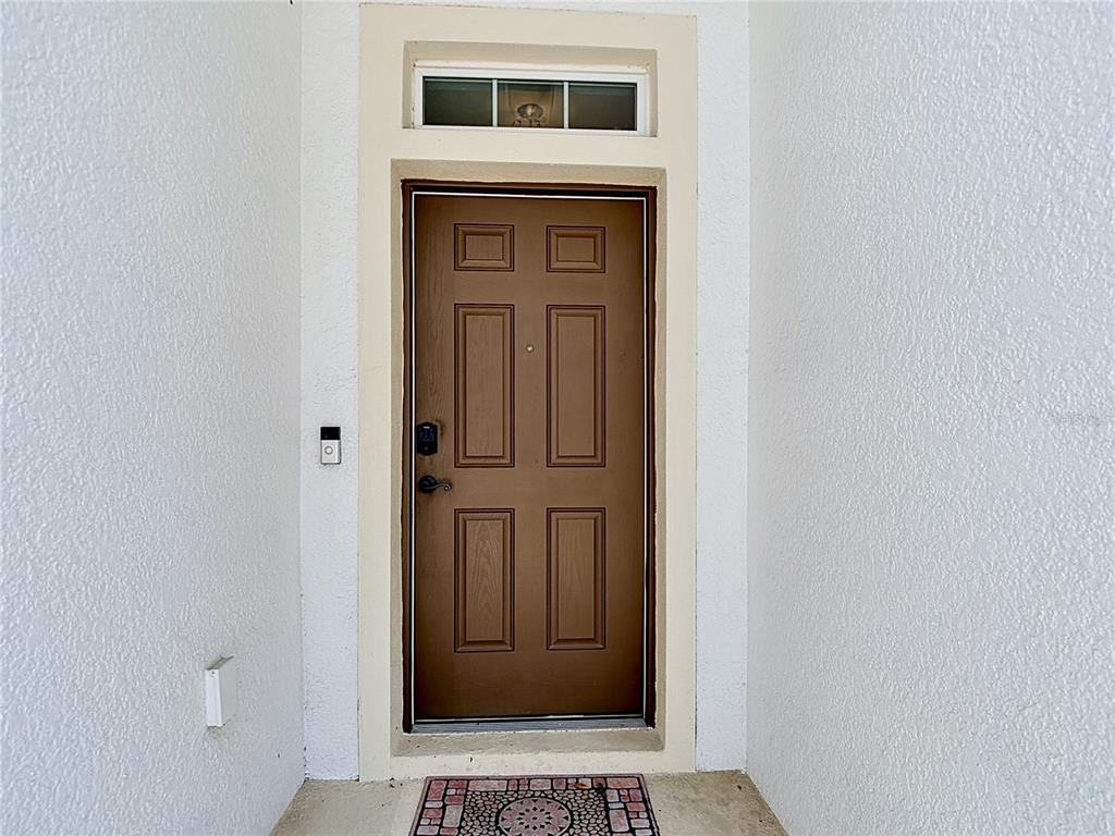 A brown front door with a transom window is set into a white stucco wall — 8615 ANDALUCIA FIELD DRIVE, TAMPA, FL
