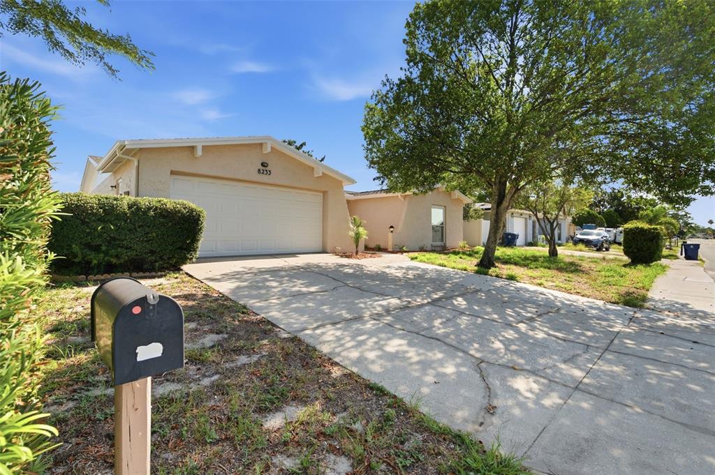 A single-story house with a beige exterior, a two-car garage, and a concrete driveway — 8233 REDFIELD DRIVE, PORT RICHEY, FL