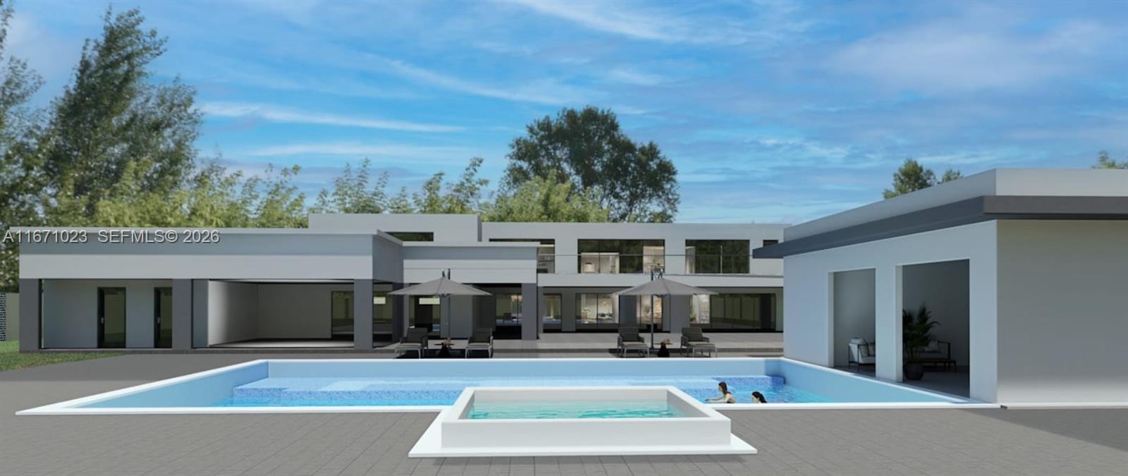 This architectural rendering shows a modern house exterior with a swimming pool and spa — 6666 SW 96th St, Pinecrest FL 33156, PINECREST, FL