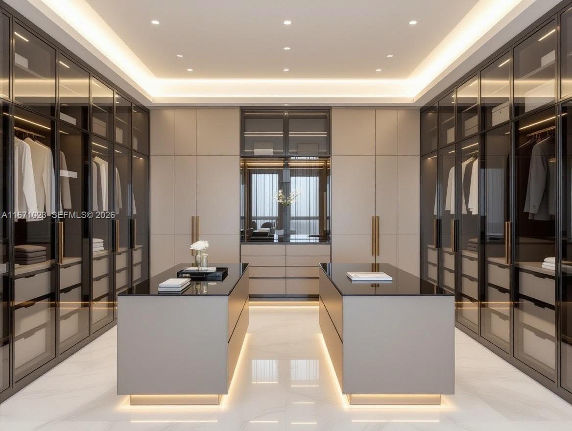 This is a rendering of a modern walk-in closet featuring two islands and glass-front cabinetry — 6666 SW 96th St, Pinecrest FL 33156, PINECREST, FL