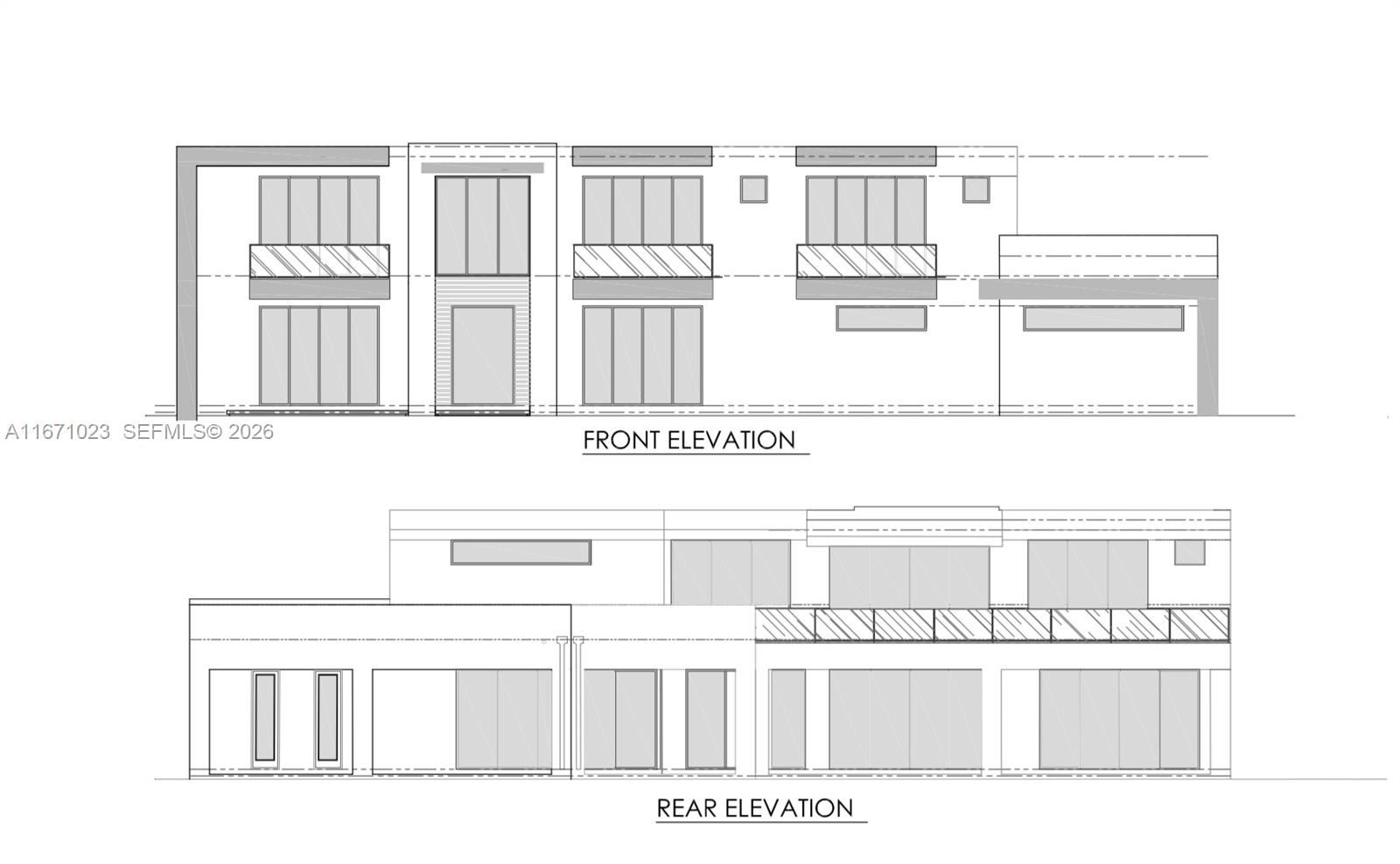 This architectural rendering shows the front and rear elevations of a modern two-story house — 6666 SW 96th St, Pinecrest FL 33156, PINECREST, FL