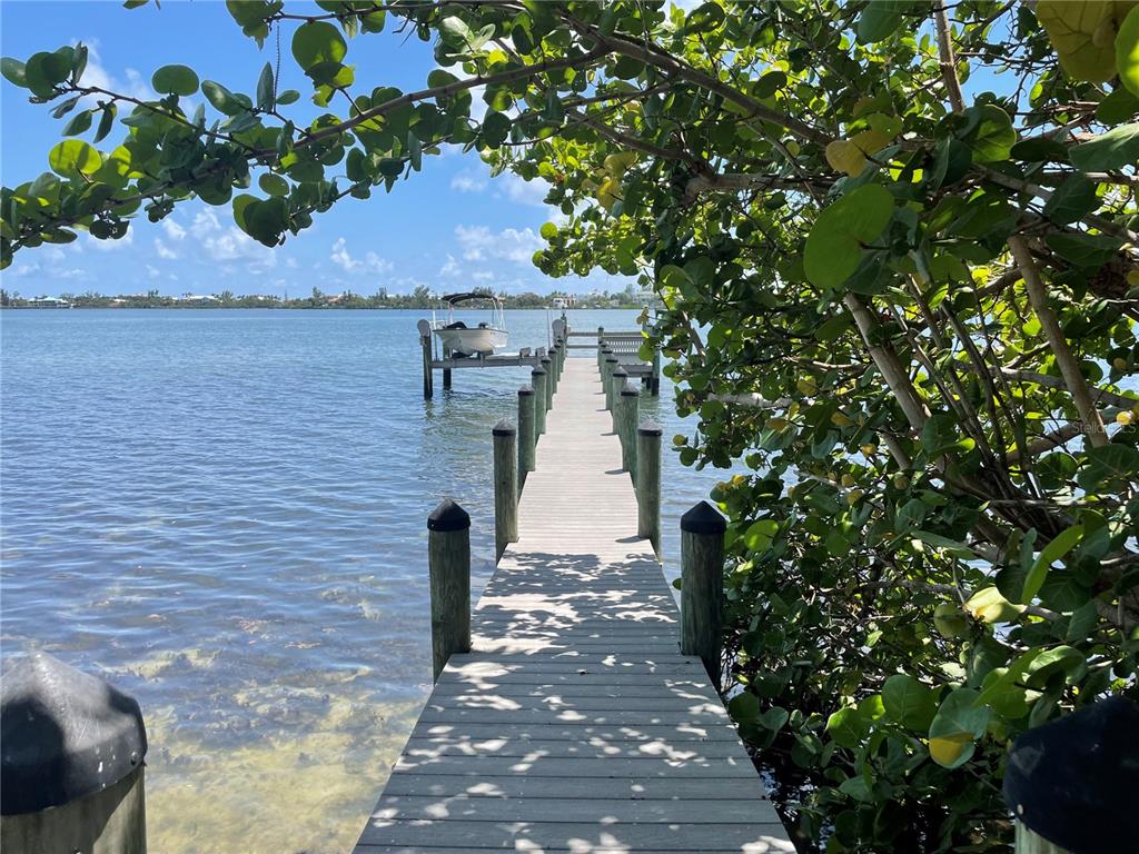 A wooden dock extends over clear water toward a small boat under a leafy tree — 421 WATERSIDE LANE, NOKOMIS, FL