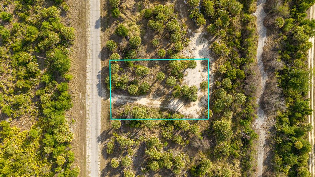 An aerial view shows a rectangular plot of land outlined in blue near a road — 8608 FIREGLOW CIRCLE, NORTH PORT, FL