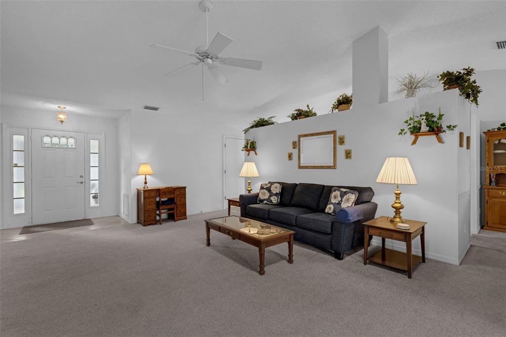 A living room with gray carpet, a dark sofa, a coffee table, and a half wall — 6033 WADE STREET, LEESBURG, FL