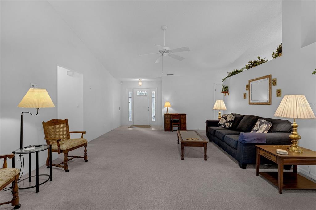 A spacious living room features a dark sofa, neutral carpeting, and a white front door — 6033 WADE STREET, LEESBURG, FL