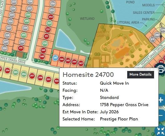 This is a digital map showing a residential community layout with an highlighted amenity campus — 1758 PEPPER GRASS DRIVE, NORTH PORT, FL