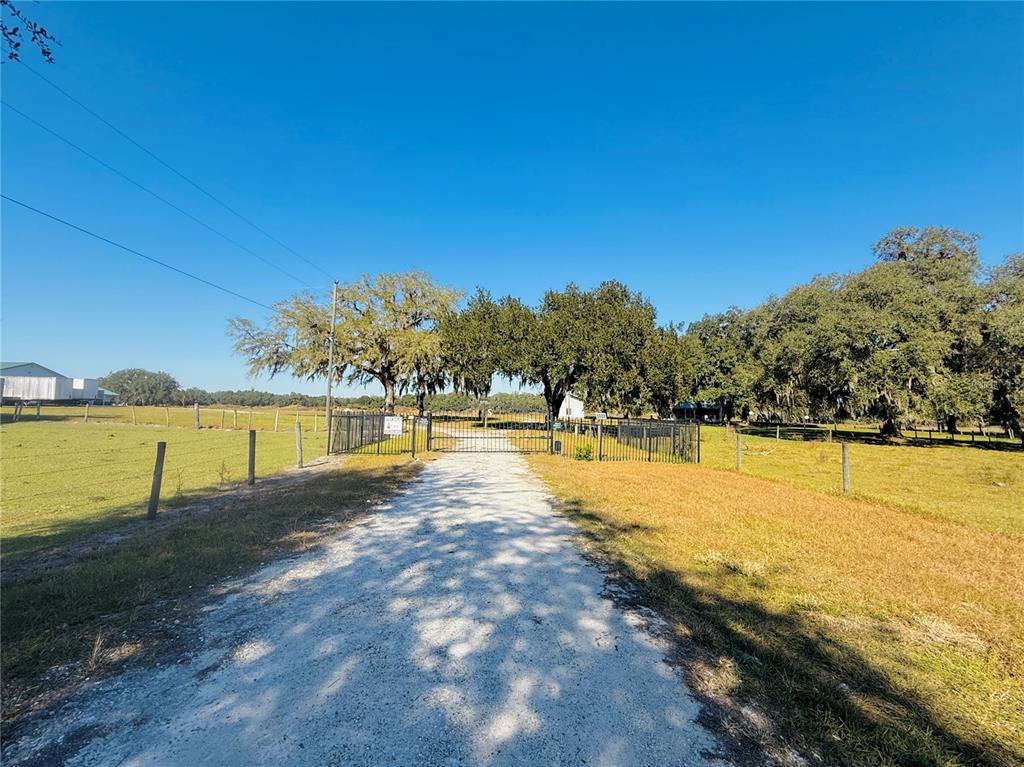A gravel driveway leads to a gated entrance on a grassy rural property with trees — 7223 SW 55TH STREET, BUSHNELL, FL