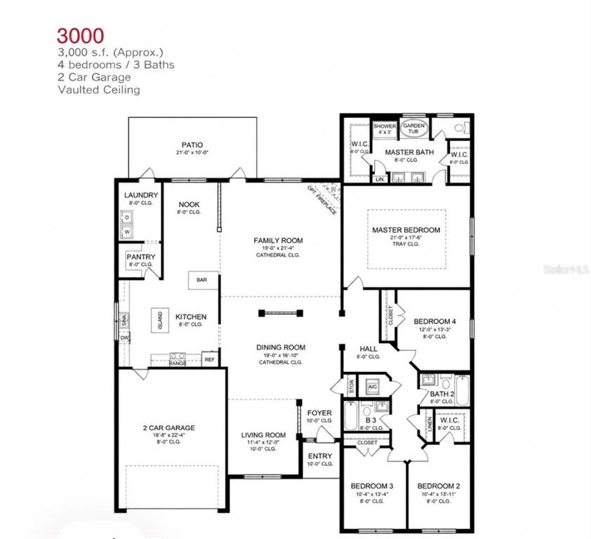 This is a floor plan for a 3,000-square-foot, four-bedroom, three-bathroom home with a garage — 5035 SW 91ST PLACE, OCALA, FL