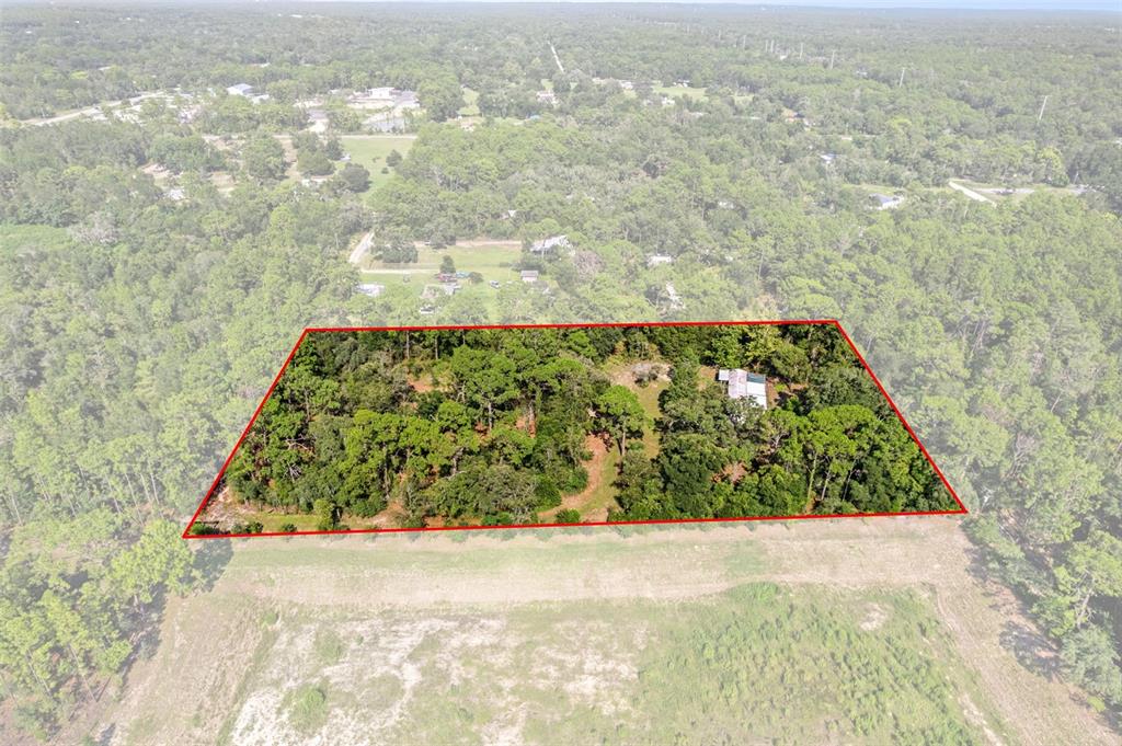An aerial view shows a rectangular property lot outlined in red containing trees and buildings — 7056 VANCE STREET, BROOKSVILLE, FL