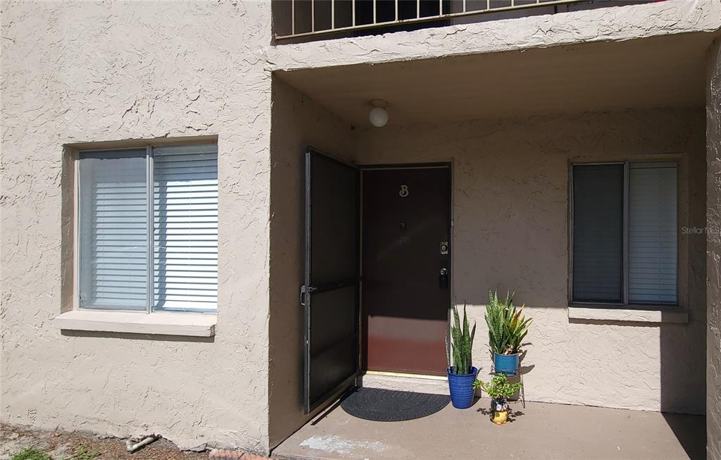 An exterior view of a ground-level apartment entrance with a brown door labeled B — 7606 ABBEY LANE UNIT 208, TAMPA, FL
