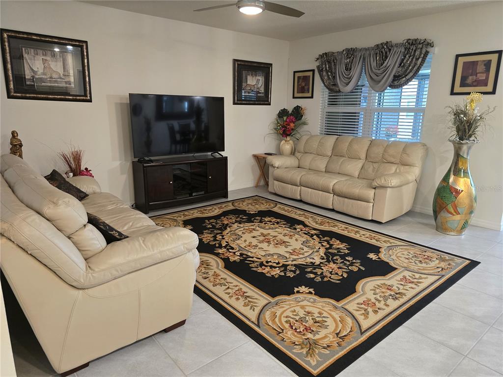 A living room features two beige sofas, a black area rug, and a television console — 532 EMILY GLEN STREET, DELAND, FL