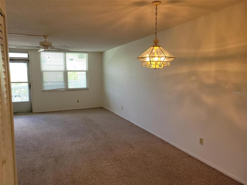 An empty room features beige carpeting, white walls, a ceiling fan, and a hanging light fixture — 4890 BAY STREET NE UNIT 336, ST PETERSBURG, FL