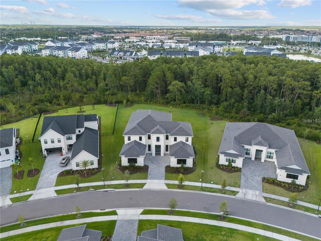 An aerial view shows three suburban houses with gray roofs and driveways along a street — 9847 LAUREL BERRY DRIVE, ORLANDO, FL