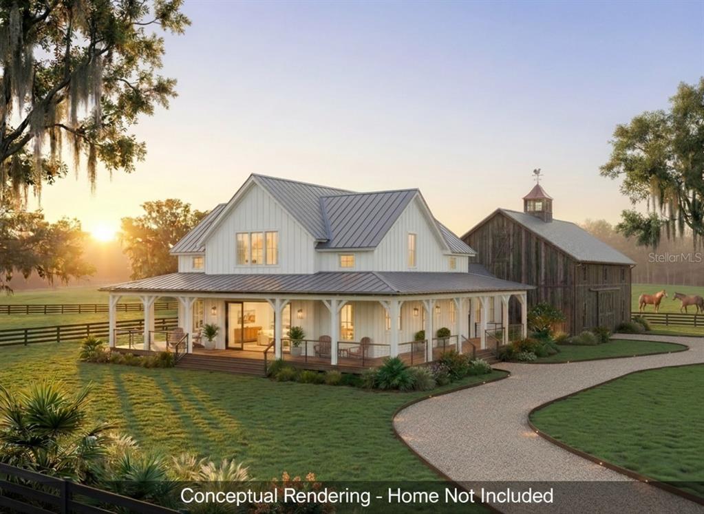 A conceptual rendering shows a white farmhouse with a wrap-around porch next to a barn — 0 Citrus WAY (NE CORNER OF CITRUS WAY AND PARSONS RD), BROOKSVILLE, FL