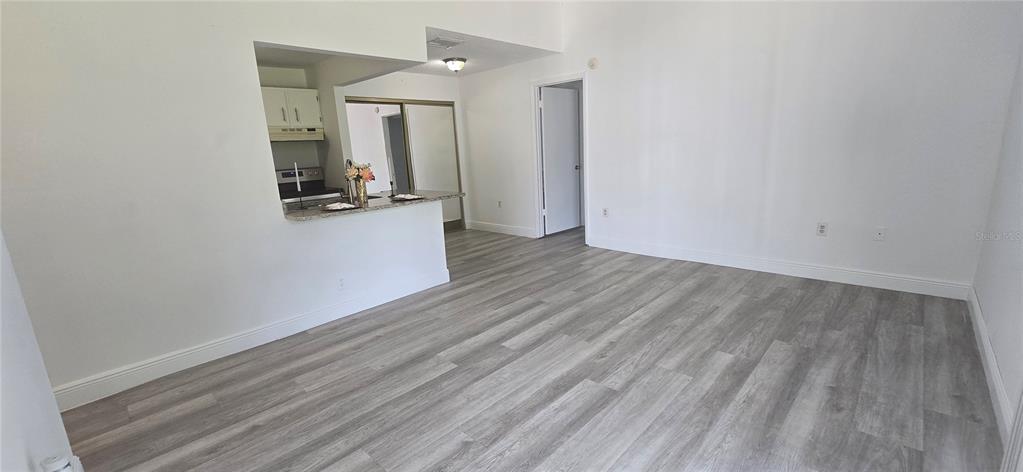 An open-concept living area features light gray wood-look flooring and a pass-through kitchen counter — 3814 BAY CLUB CIRCLE UNIT 204, KISSIMMEE, FL