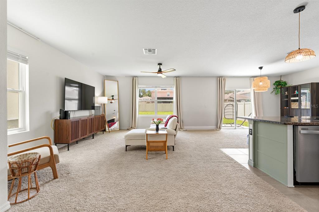 A living room with beige carpet, a white sofa, a television, and an open kitchen — 10828 TRAILING VINE DRIVE, TAMPA, FL