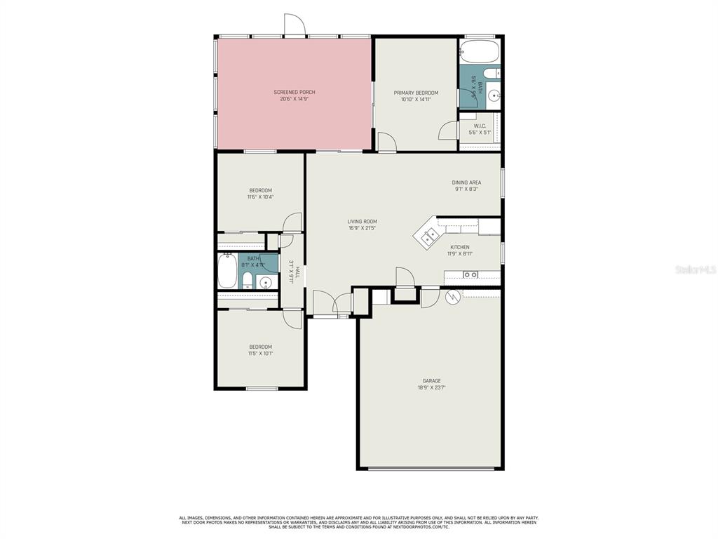 This is a floor plan showing a three-bedroom house with a garage and screened porch — 3846 LONG GROVE LANE, PORT ORANGE, FL