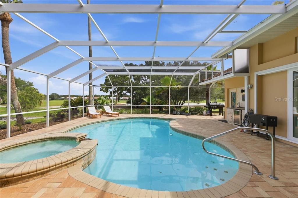 A screened-in pool area features a hot tub, patio furniture, and an outdoor kitchen — 9161 SOUTHERN COMFORT COURT, WEEKI WACHEE, FL