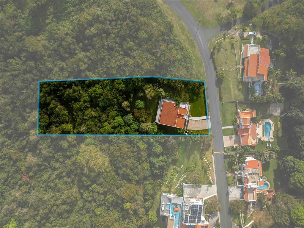 This aerial view shows a house with a red roof situated on a wooded lot — 15 PORT ROAD, HUMACAO, PR