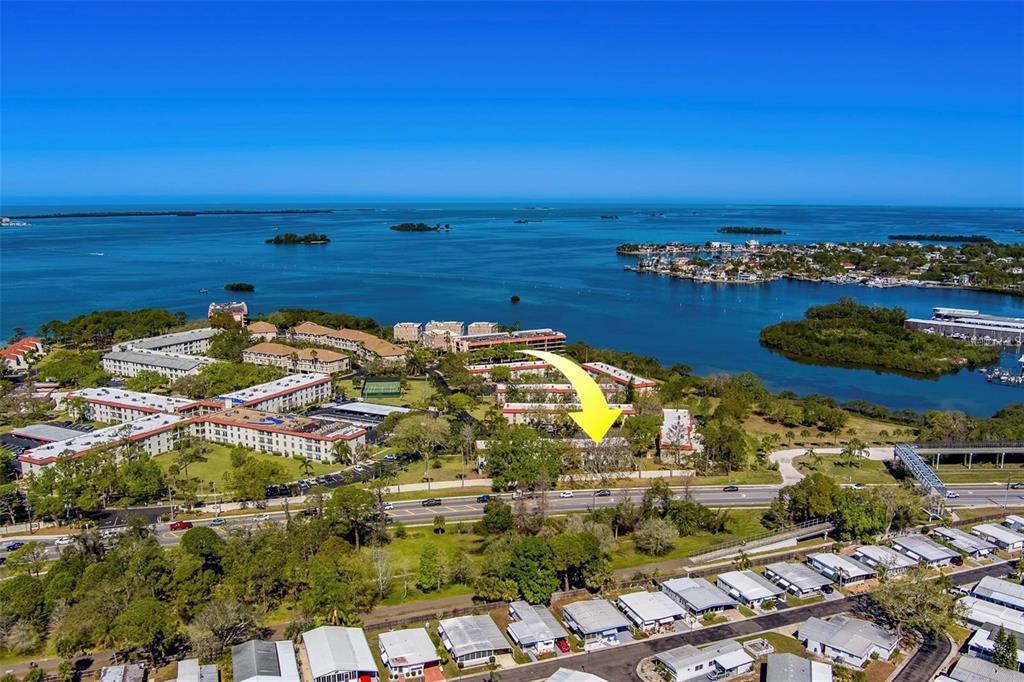 An aerial view shows a multi-story residential complex near a bay with a yellow arrow — 2700 BAYSHORE BOULEVARD UNIT 588, DUNEDIN, FL