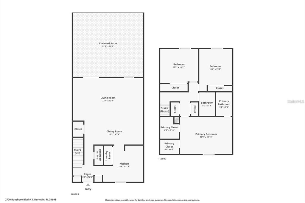 This image is a two-story floor plan showing the layout of a residential property — 2700 BAYSHORE BOULEVARD UNIT 588, DUNEDIN, FL