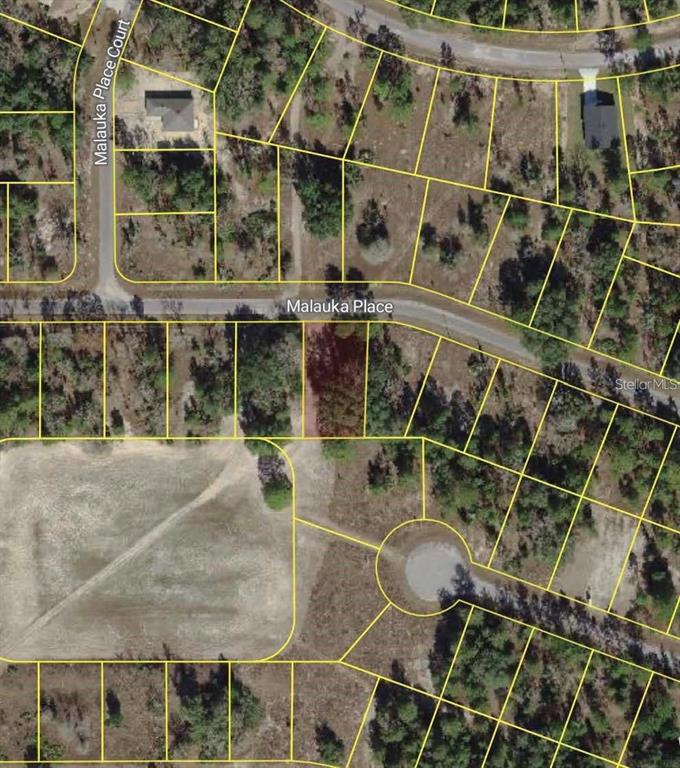 This is an aerial map showing a vacant residential lot on a curved street — MALAUKA PLACE, OCKLAWAHA, FL