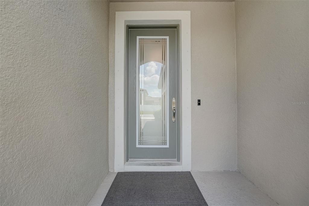 A gray front door with a glass insert is set within a beige entryway — 13106 FOXTAIL FERN DRIVE, RIVERVIEW, FL