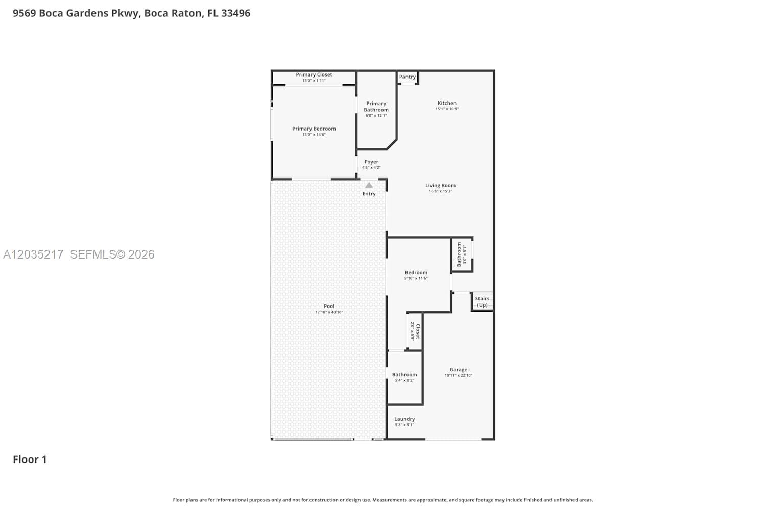 This floor plan shows a residential layout featuring a primary bedroom, kitchen, living room, and pool — BOCA RATON, FL