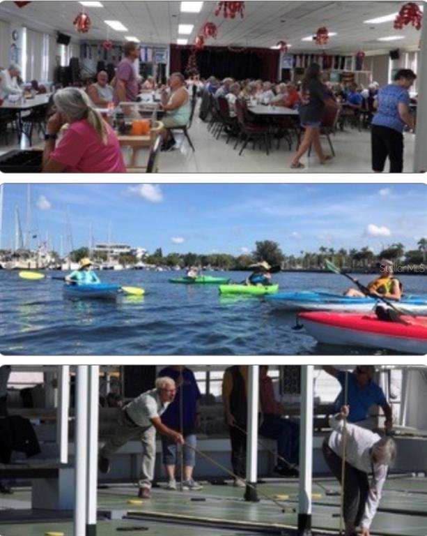 This composite image shows a community hall, people kayaking on water, and a shuffleboard court — 86 MICHIGAN STREET, PALMETTO, FL