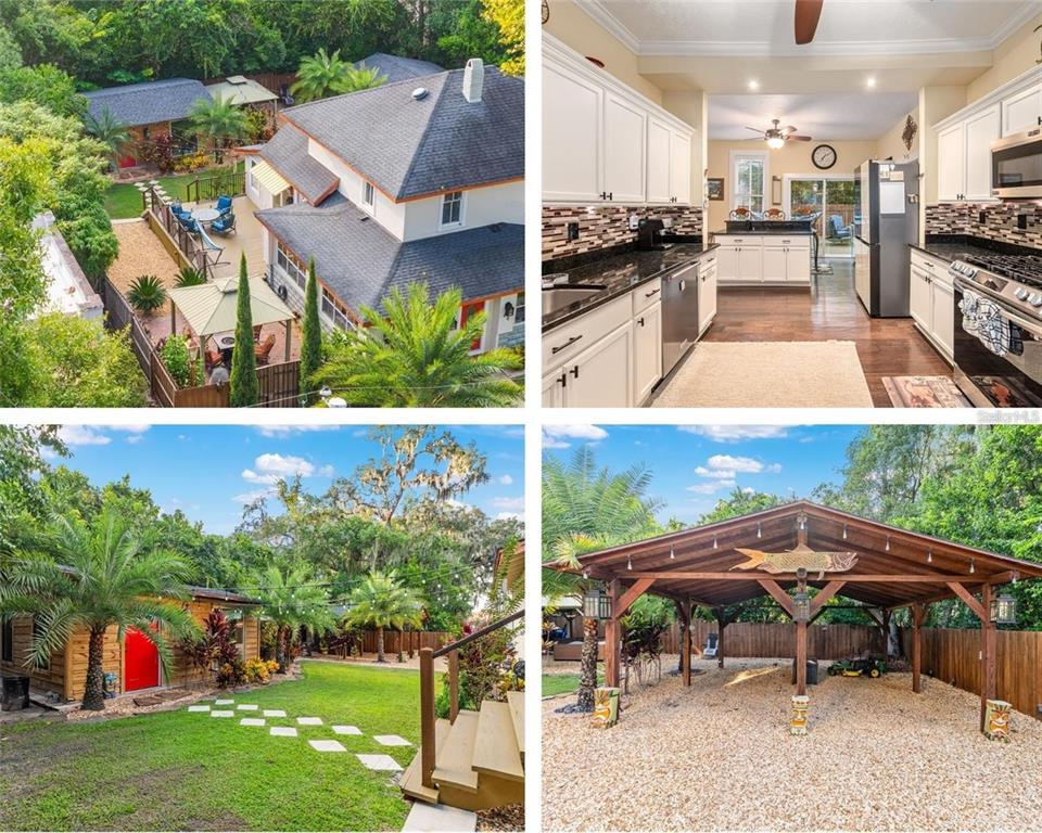 A collage showing a house exterior, a kitchen, a backyard with a shed, and a carport — 44 SE 9TH TERRACE, OCALA, FL